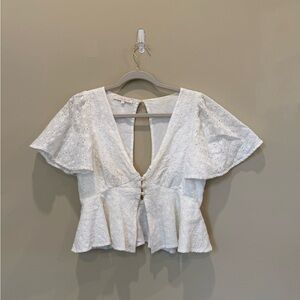 Olivaceous White Eyelet Blouse with Peplum